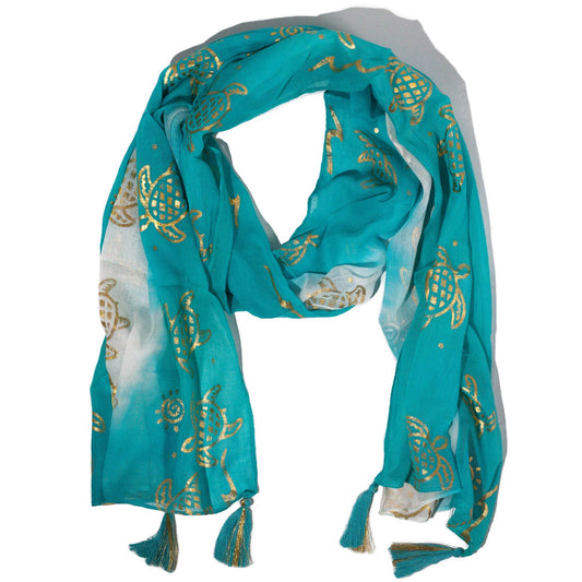 Nomad Sari Summer Turtle Print Scarf turquoise lightweight woven scarf with turtle motif