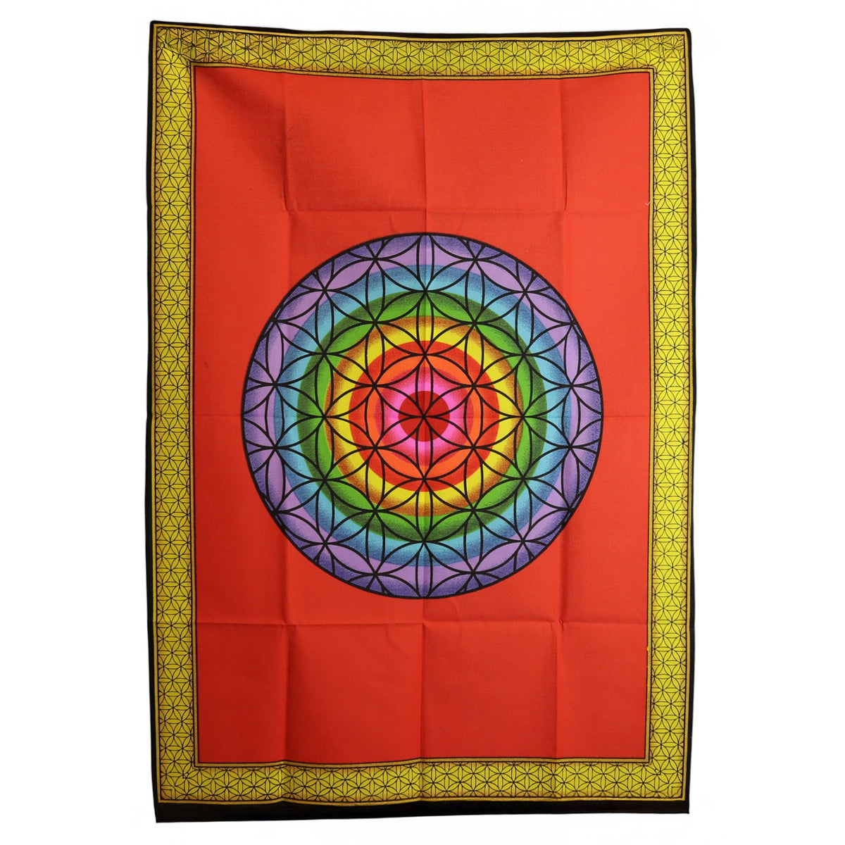 Rainbow Flower of Life cotton wall art with colourful sacred geometry design