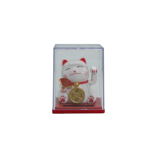 Mini solar powered money cat white Maneki Neko waving for luck and harmony