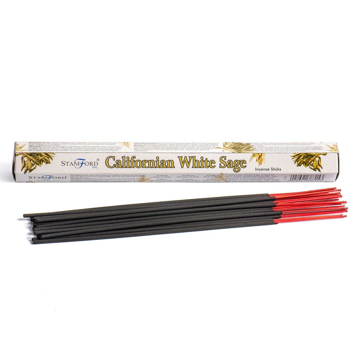 A bundle of black incense sticks with red tips lies before a white rectangular box labeled "Californian White Sage" "Incense Sticks" and "STAMFORD INC."