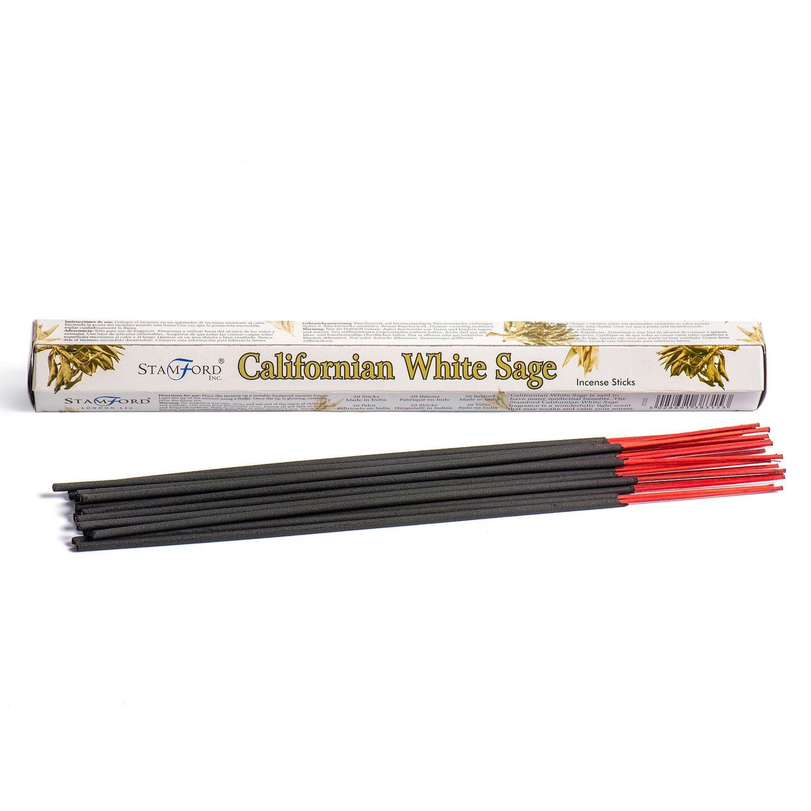 A bundle of black incense sticks with red tips lies before a white rectangular box labeled "Californian White Sage" "Incense Sticks" and "STAMFORD INC."