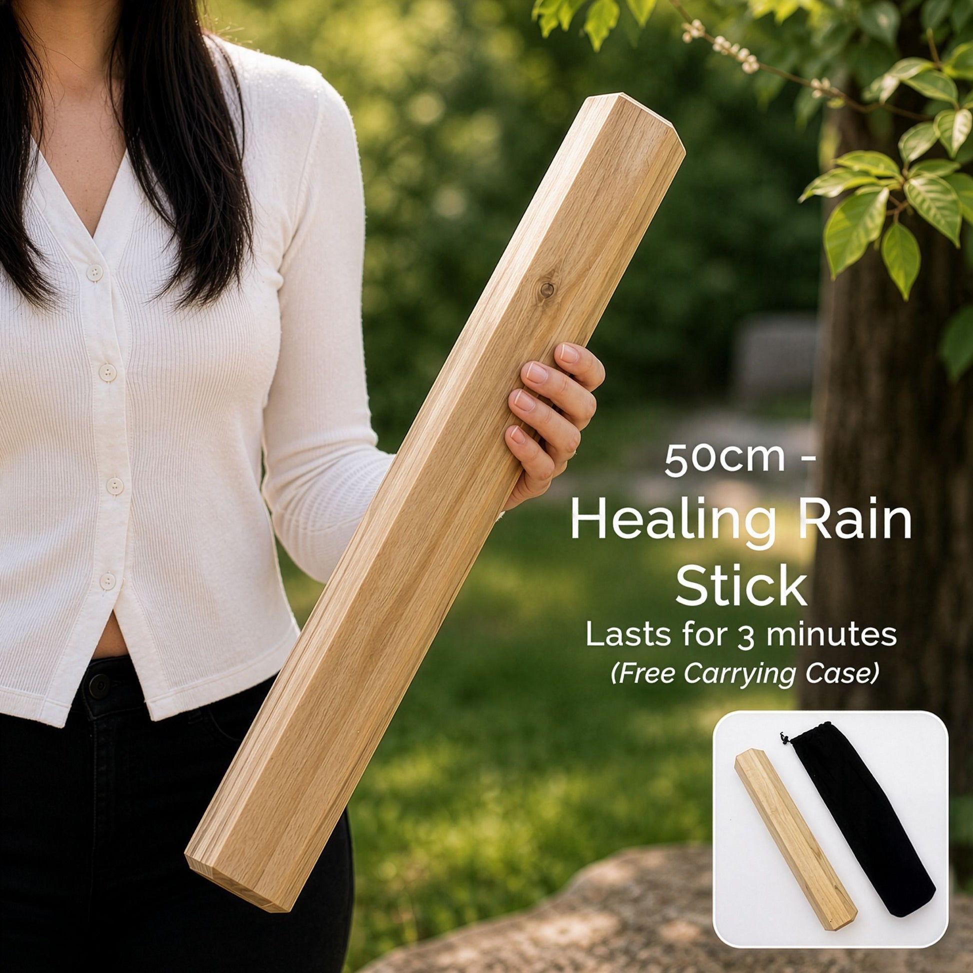 Manglid Wood Healing Rainstick 50cm handcrafted from Indonesian Manglid wood for meditation, sound healing and relaxation.