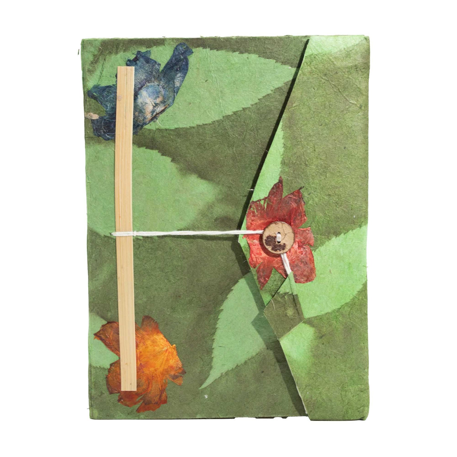 Bold Floral Lokta Journal large moss green handmade paper with floral cover and bookmark