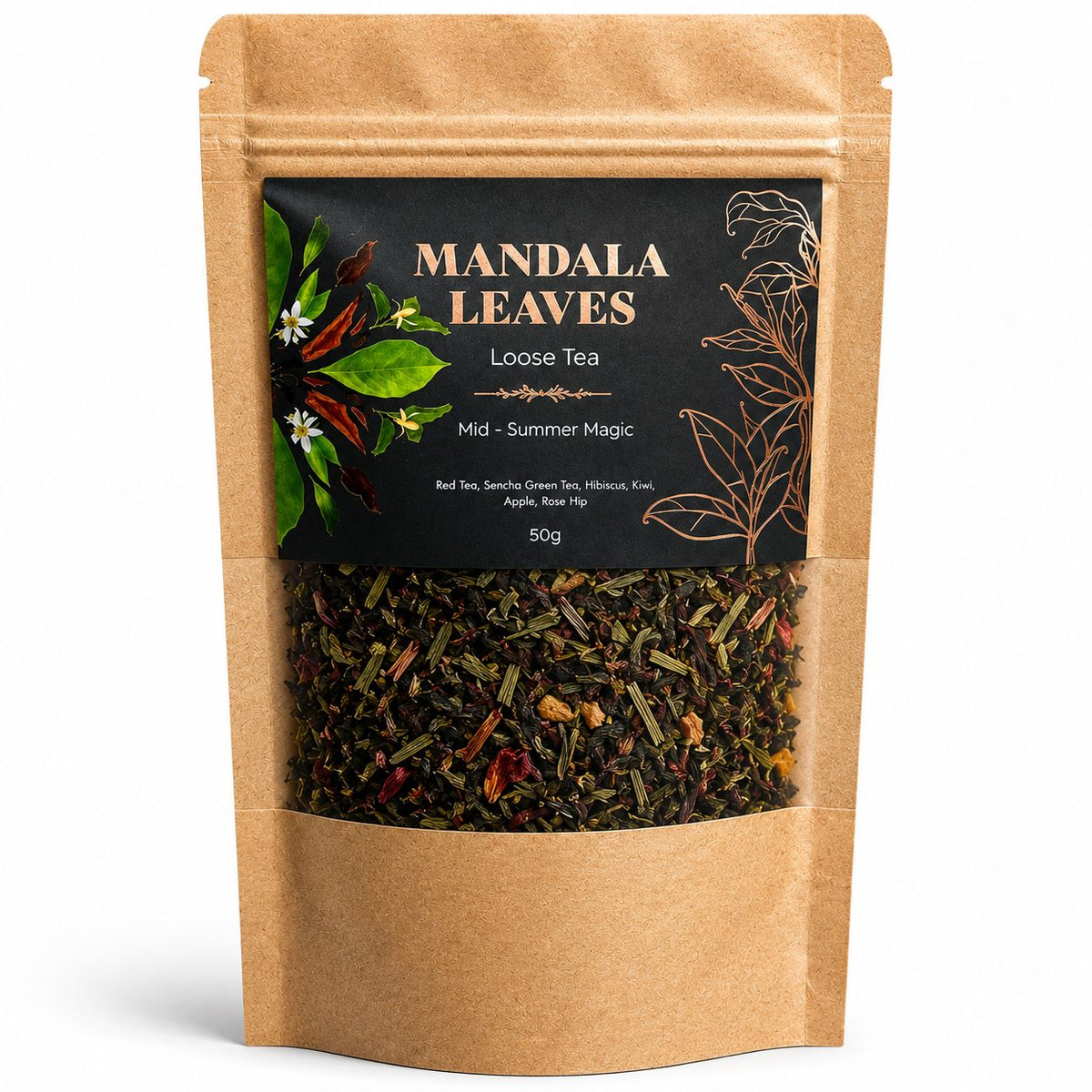 Mid-Summer Magic loose leaf tea blend with Pu Erh, Sencha, kiwi, hibiscus, apple and strawberry
