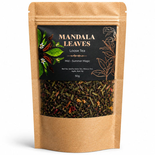Mid-Summer Magic loose leaf tea blend with Pu Erh, Sencha, kiwi, hibiscus, apple and strawberry