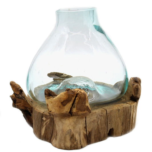 Large molten glass fish tank on natural gamal wood with illuminated base and LED light 3.7 litre UK