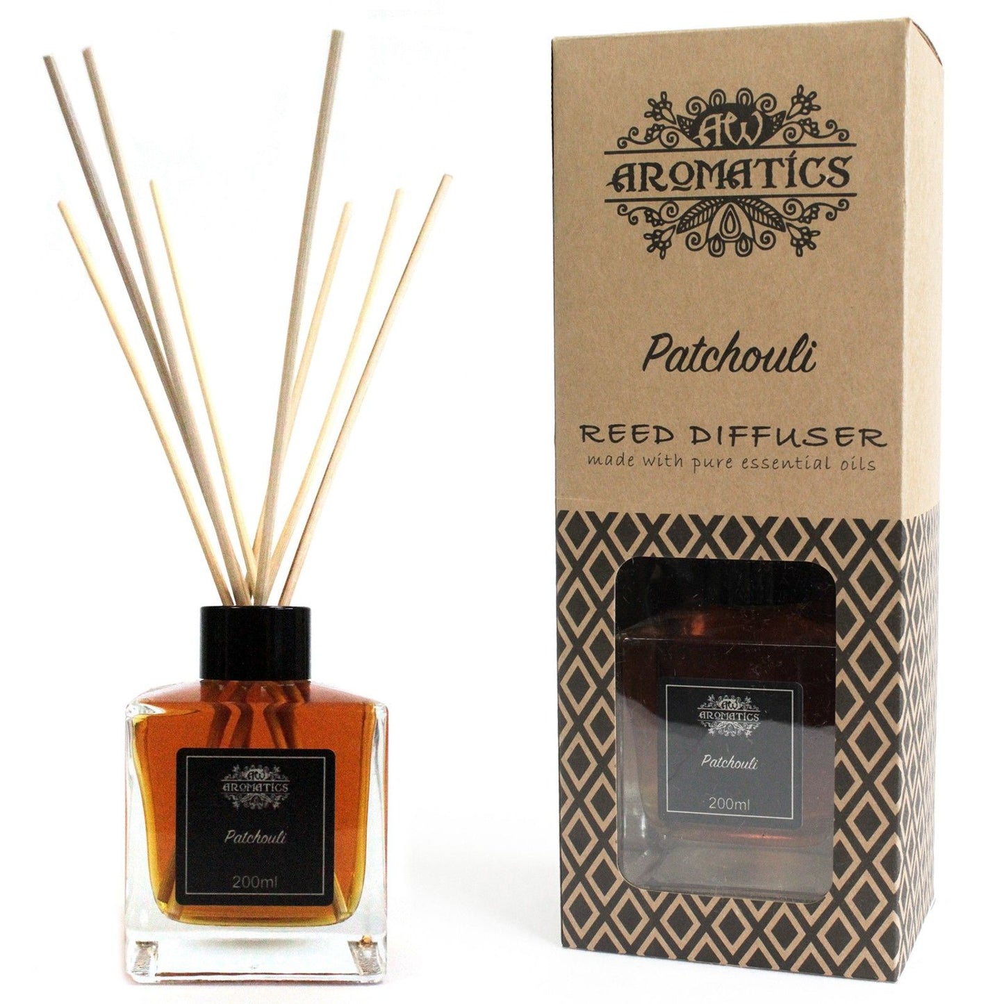 Patchouli reed diffuser 200ml with deep earthy woody musky essential oil fragrance for calming home scent