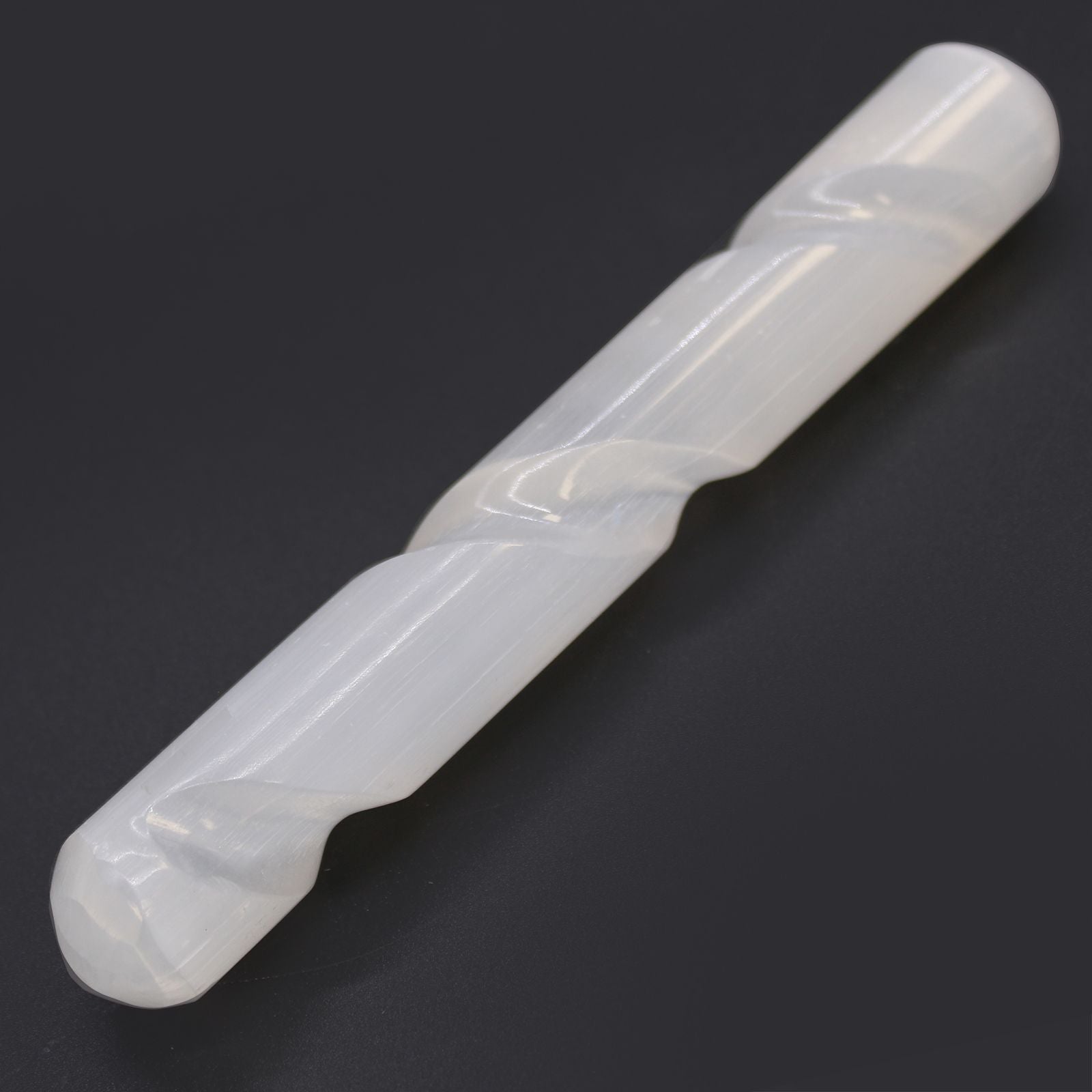 selenite spiral wand rounded ends 16 cm , smooth white translucent crystal with rounded ends, energy cleansing tool