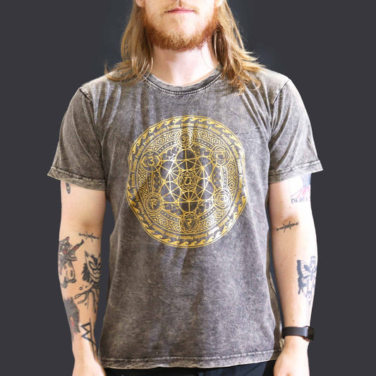 Large stone washed dark grey chakra spiritual t-shirt