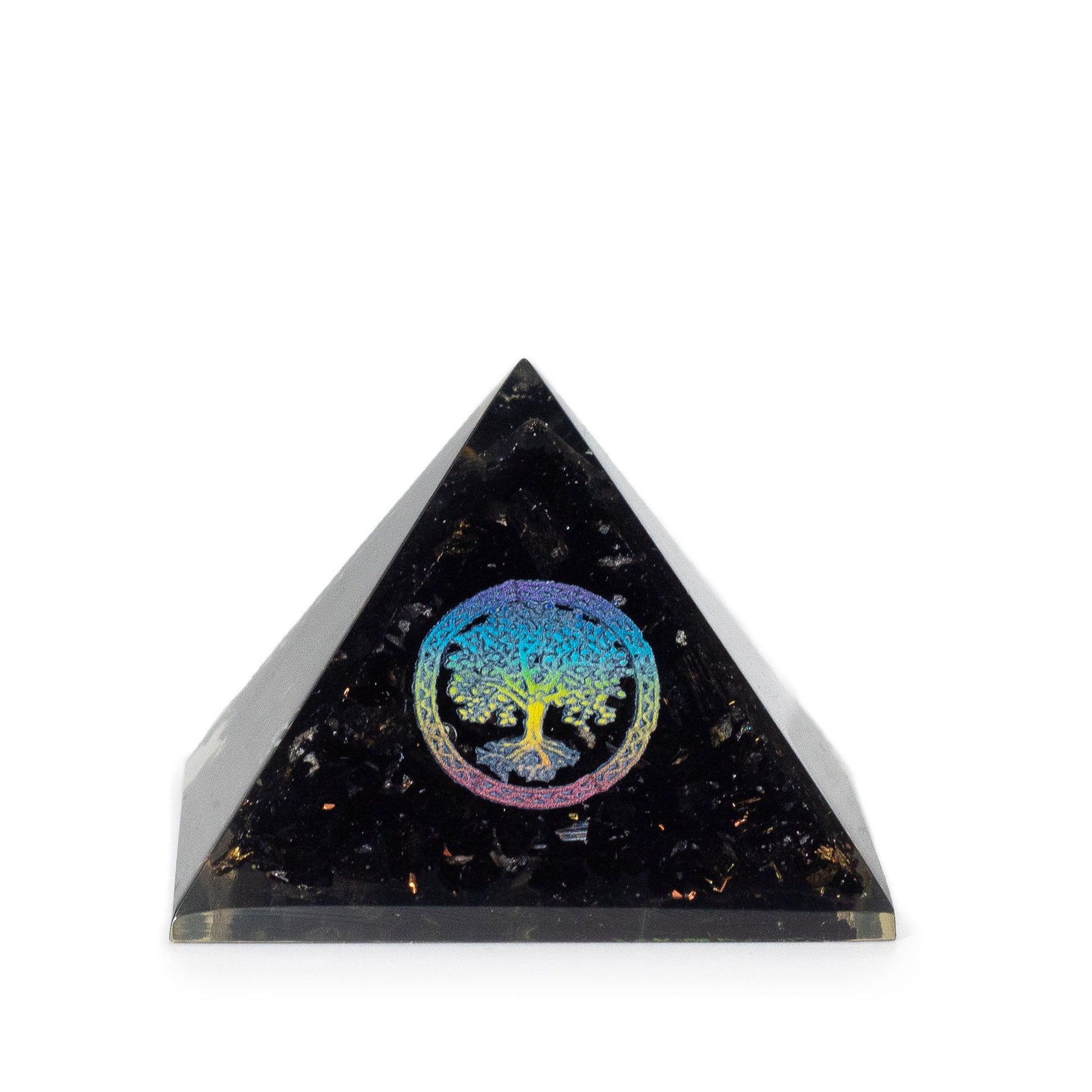 Small Tree of Life orgonite pyramid with black tourmaline chips in handcrafted resin, 5.5 × 6cm.