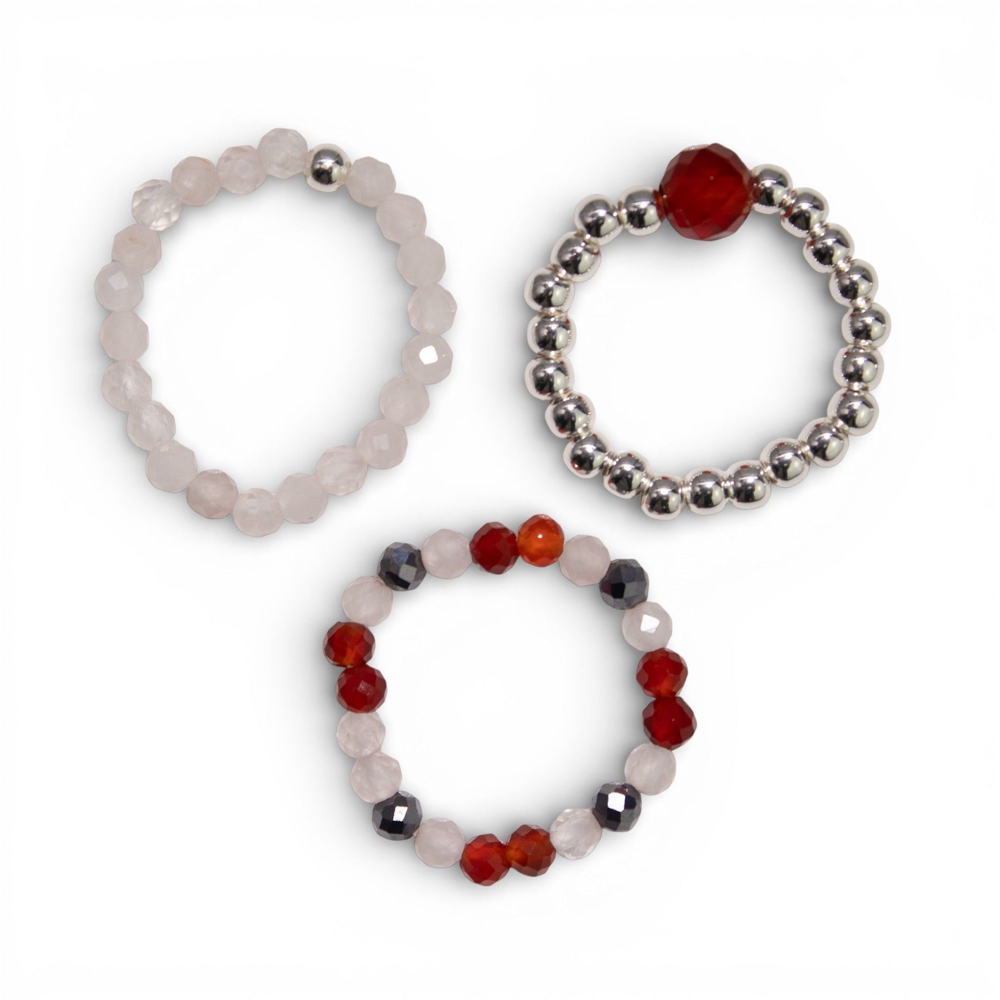 Love Flame gemstone ring set – elasticated rose quartz, carnelian and sunstone rings