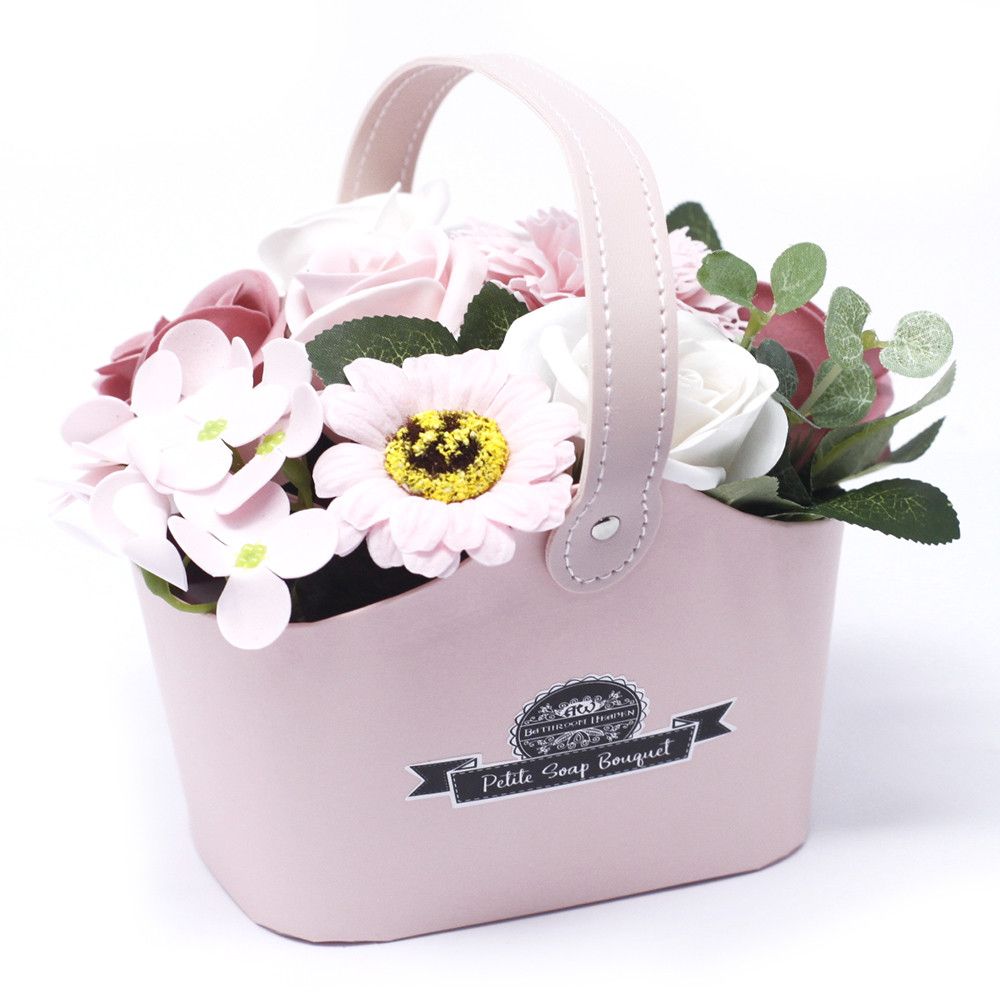 Bouquet Petite Basket — Peaceful Pink soft pink soap flower arrangement in decorative basket