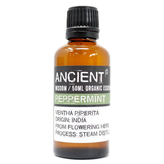 Organic Peppermint Essential Oil 50ml with fresh mint aroma for aromatherapy, diffusers, and home fragrance.