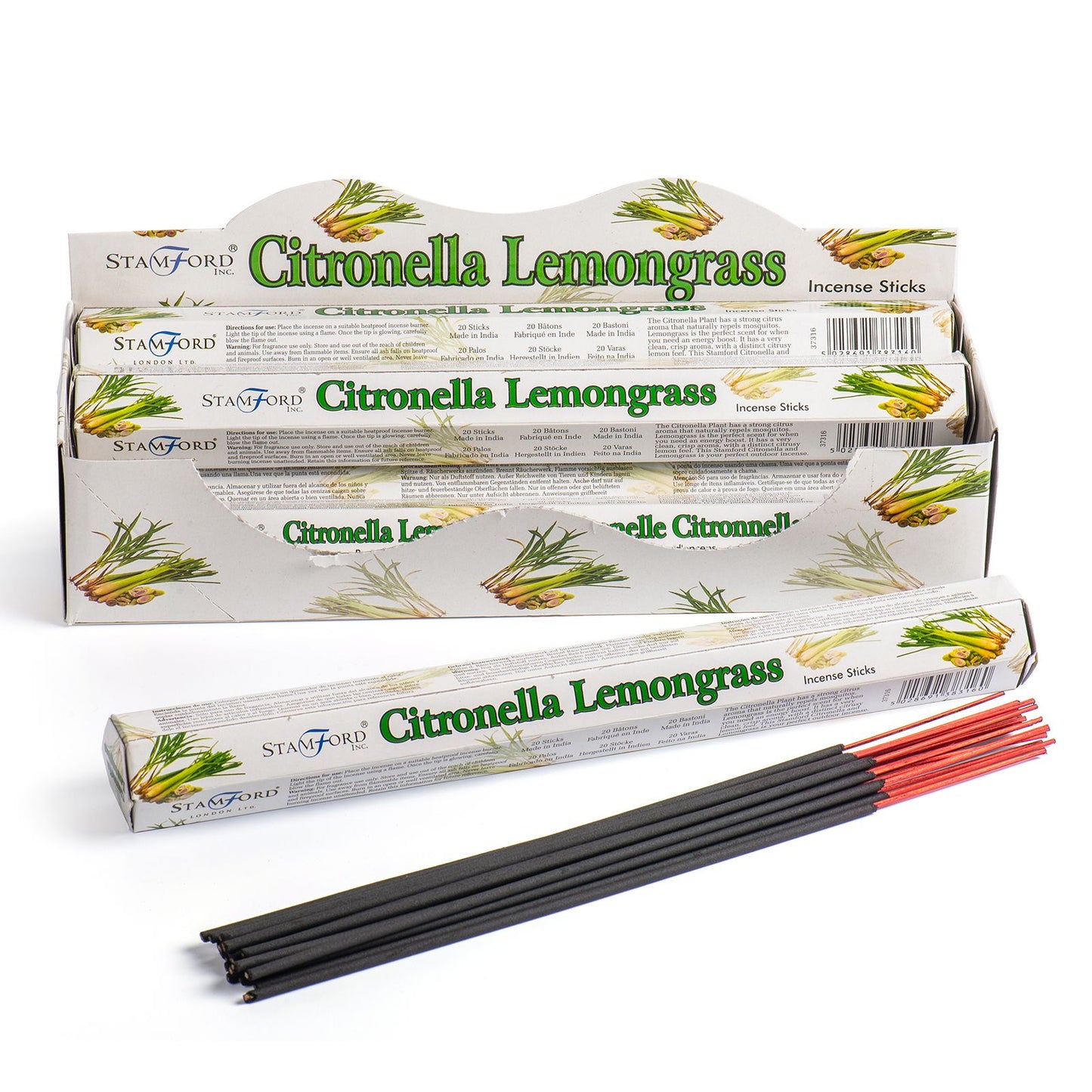 Box of citronella lemongrass incense sticks arranged in a display tray on a white surface; Text: "Citronella Lemongrass" "Incense Sticks" "Stamford Inc." "Stamford London Ltd."