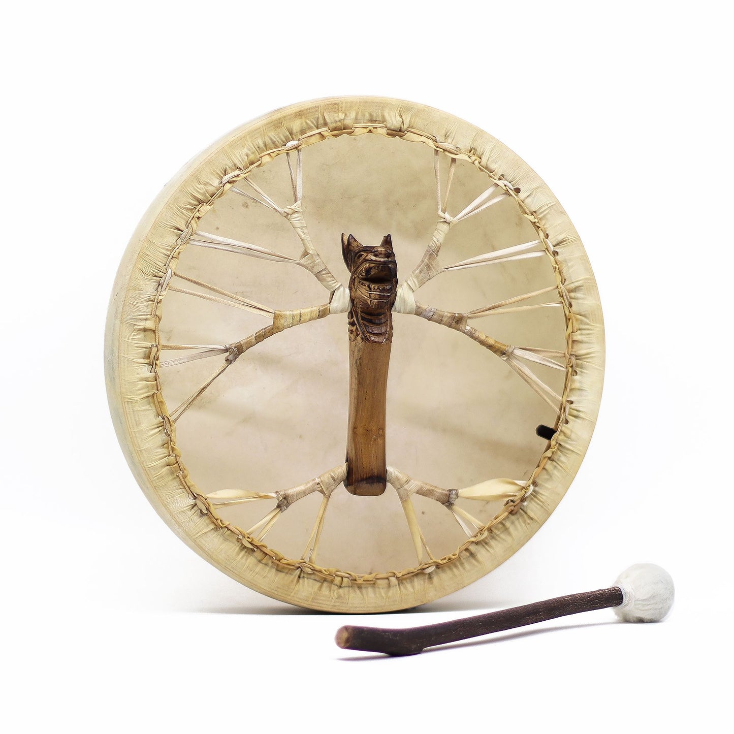Spirit of the Dragon Shaman Drum & Stick 40 cm, acacia wood frame drum with carved dragon handle and goatskin head for ritual drumming and sound healing.