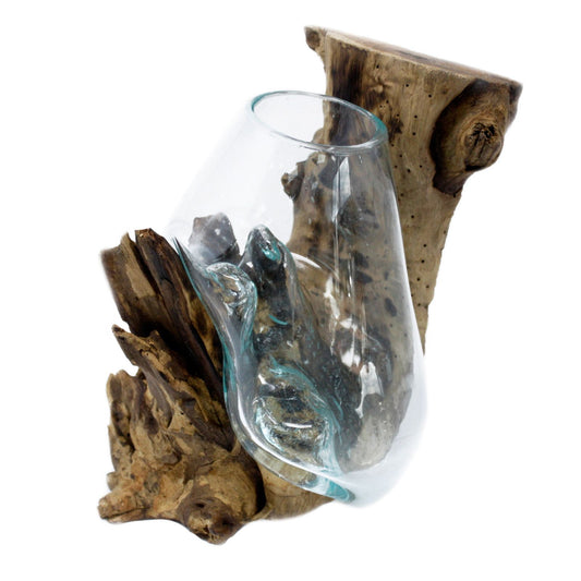 Molten glass hanging bowl shaped over natural gamal wood wall mount for air plants and decorative displays UK