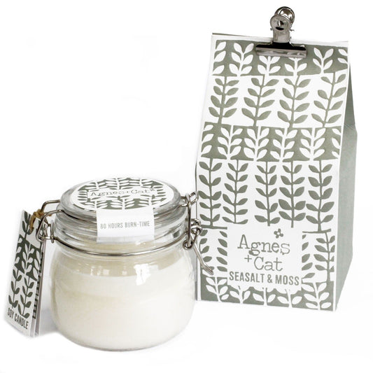 Agnes + Cat Sea Salt & Moss Kilner Jar Soy Candle – fresh coastal candle in glass jar