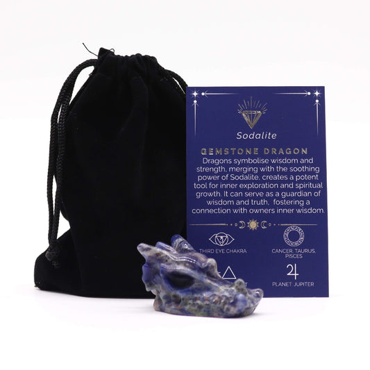 Gemstone Small Dragon Head – hand-carved sodalite crystal dragon figurine for communication, clarity and calm energy