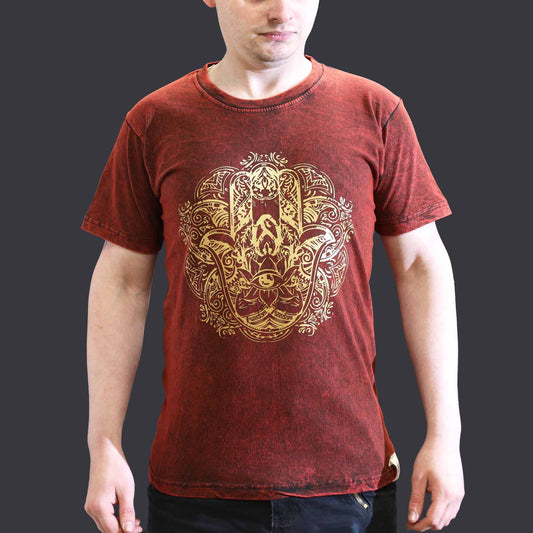 Small stone washed maroon Hamsa spiritual t-shirt