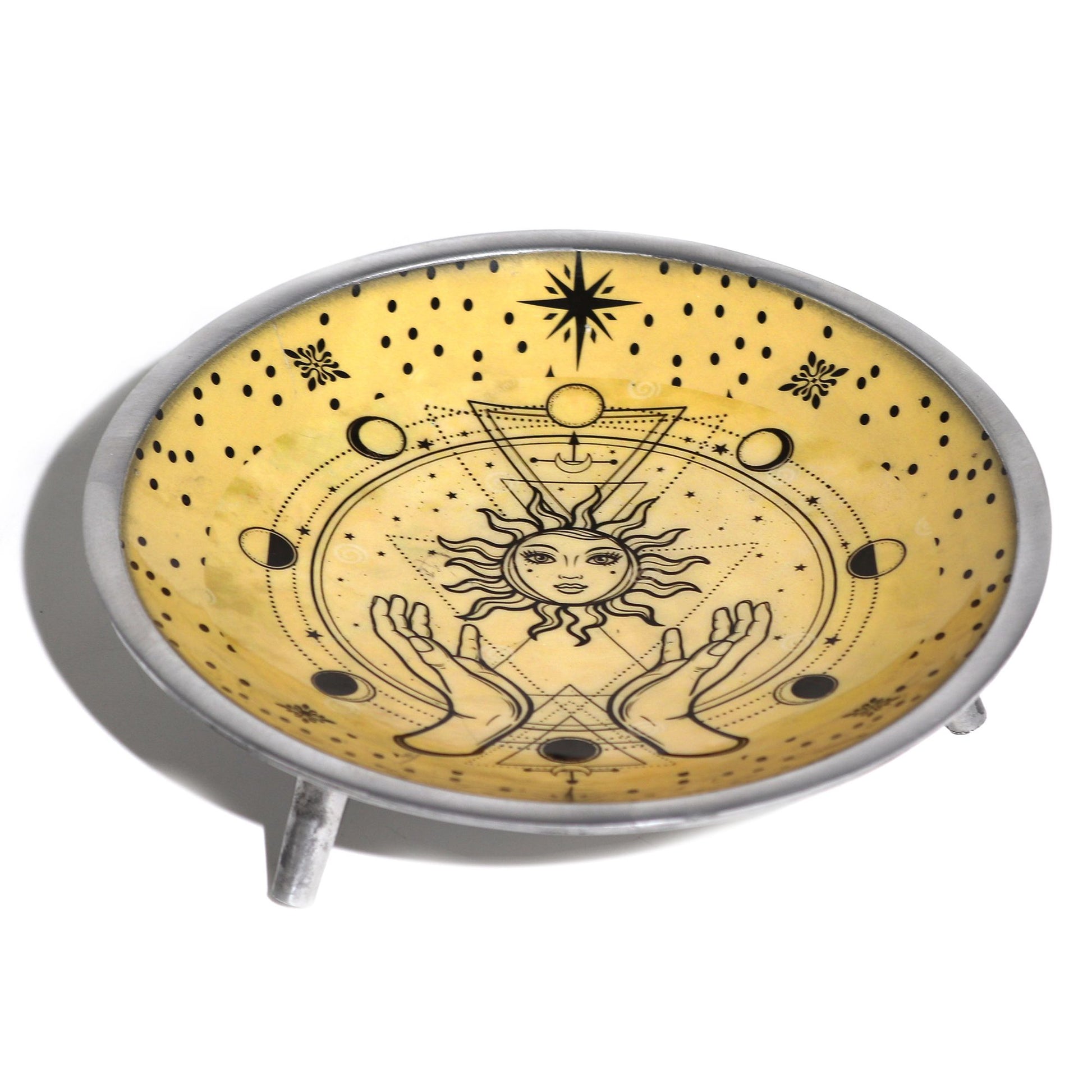 Triple Leg Enamelled Offering Plate Hands and Sun ritual vessel