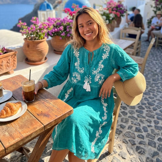 Turquoise L/XL Nomad Sari cotton dress with white floral embroidery, gathered waist and tassel ties