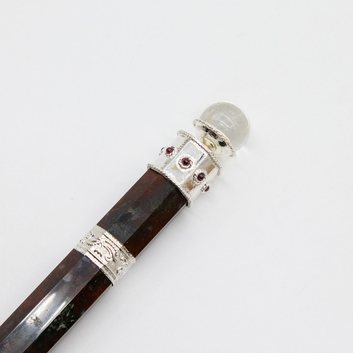Bloodroot Sovereign 26cm Fancy Jasper crystal wand with gemstone sphere top and silver-plated detailing
