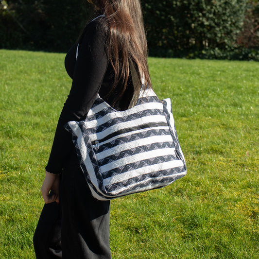 Atlas Nomad Wander Muse tote bag in black and natural cotton-viscose jacquard with woven striped pattern