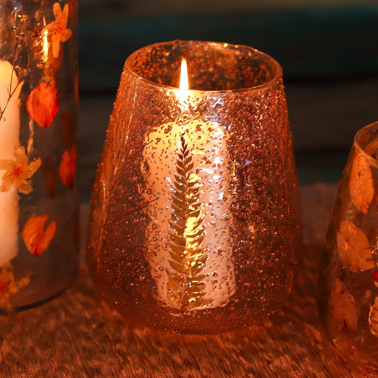 Pino large recycled glass bowl candle holder with real pressed greenery