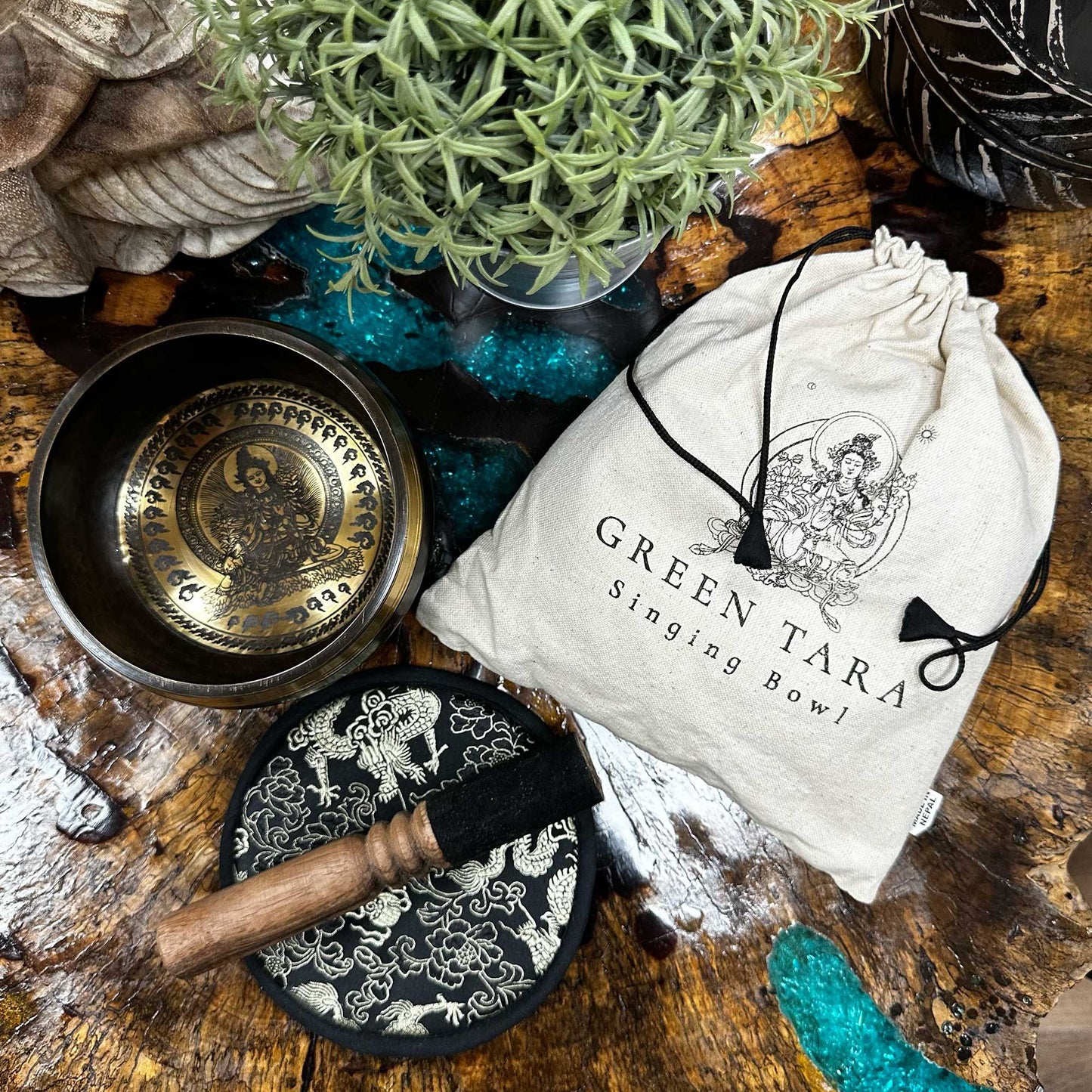 Hand beaten engraved Green Tara singing bowl gift set 14 cm with padded cushion and mallet — bell-metal copper-tin finish.