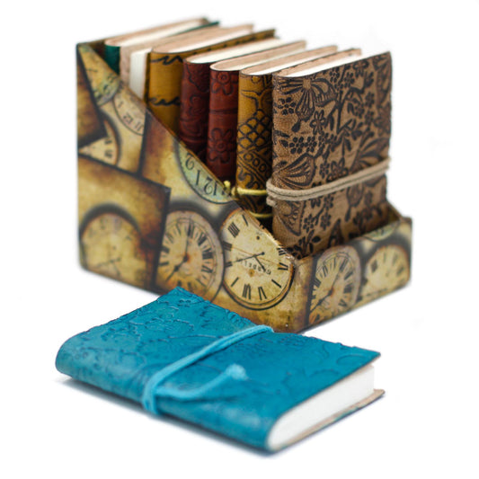Mini Leather Notebook 4x3 inch – pocket size embossed leather journal with assorted designs