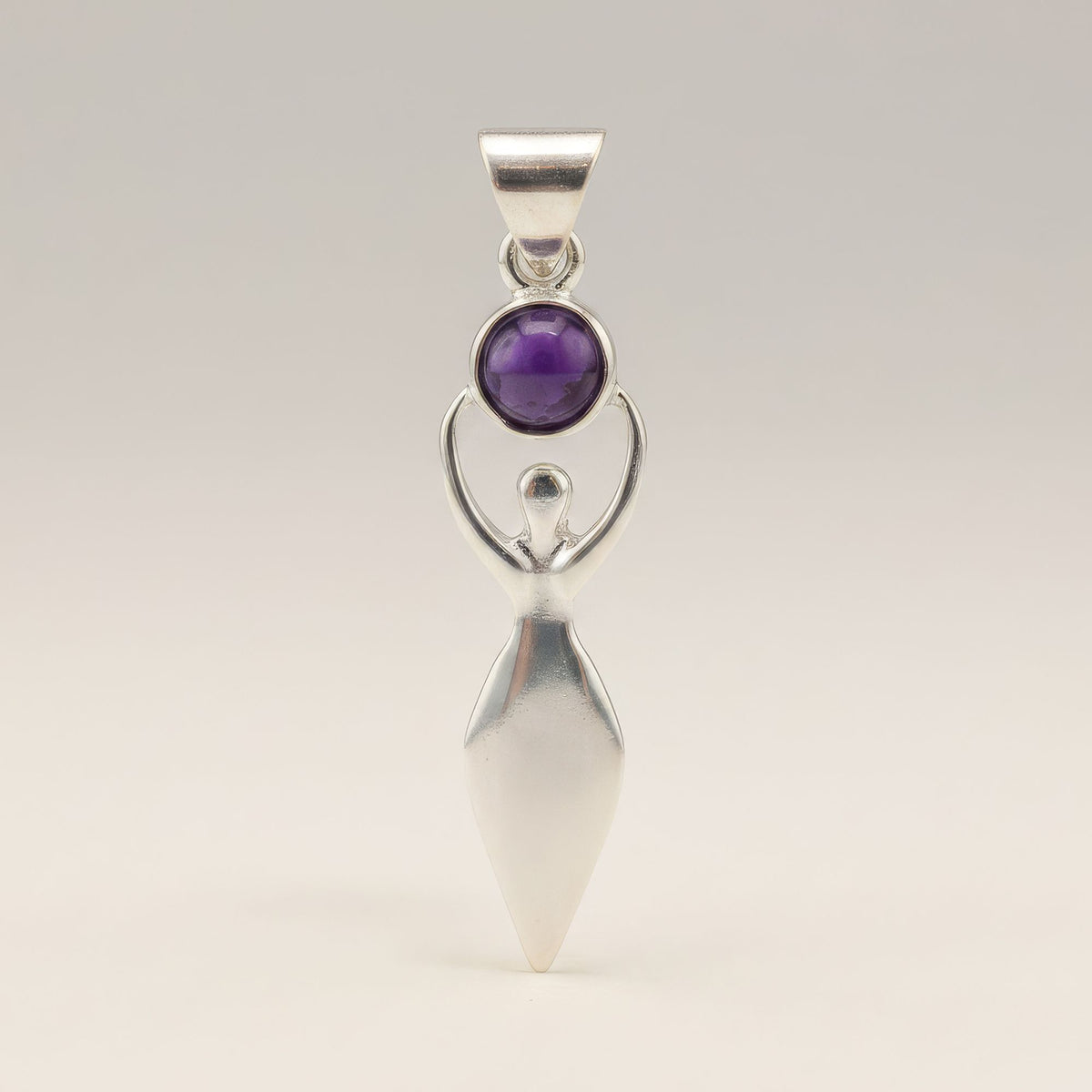 Silver plated Goddess Amethyst pendant with raised-arm goddess figure holding polished purple gemstone and 45cm black cord for spiritual jewellery UK