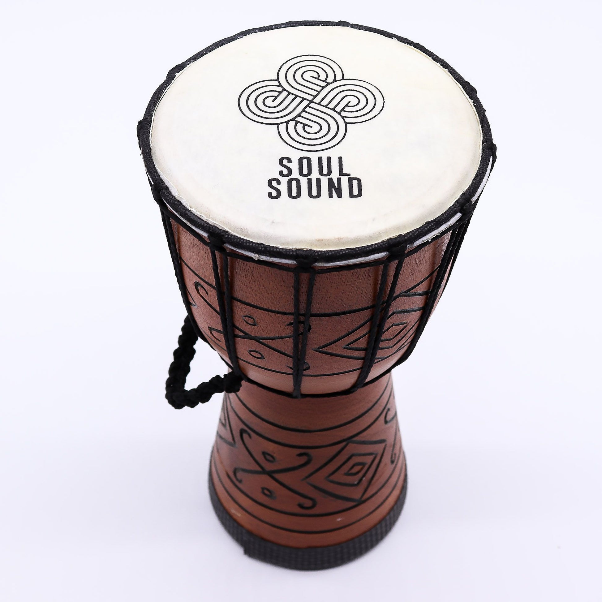 Small Pro Djembe Drum Soul Sound low 30 cm wooden hand-drum with natural skin head for travel, meditation and rhythm sessions.