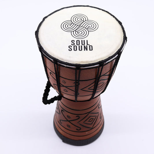 Small Pro Djembe Drum Soul Sound low 30 cm wooden hand-drum with natural skin head for travel, meditation and rhythm sessions.