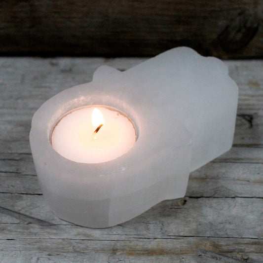 Selenite Hamsa Candle Holder 