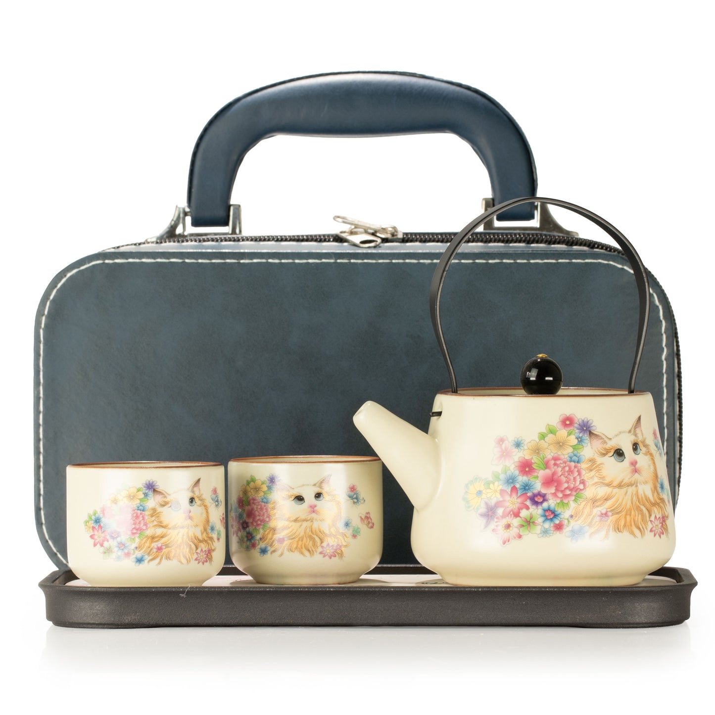 Cat Lover travel teapot set with matching teapot and two cat-themed tea cups