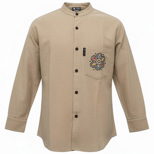 XXL Nomad Sari Kathmandu shirt in stone cotton with long sleeves, collarless neckline and subtle hand-painted chest pocket detail