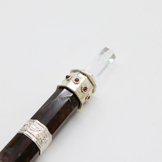 Bloodroot Sovereign 26cm Fancy Jasper crystal wand with gemstone sphere top and silver-plated detailing