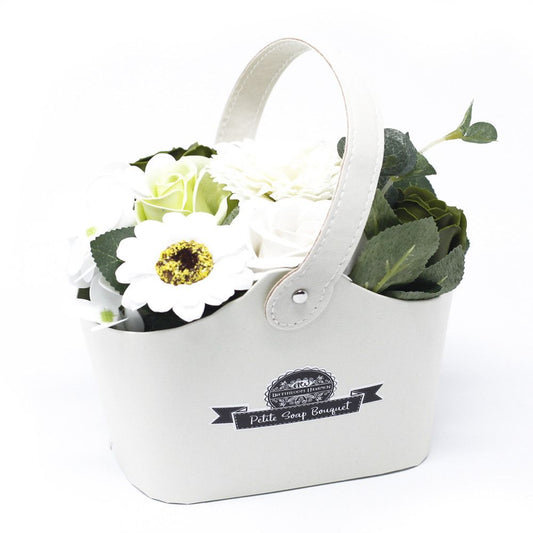 Bouquet Petite Basket — Pastel Green soap flower arrangement in a small basket for elegant gifting and bath use