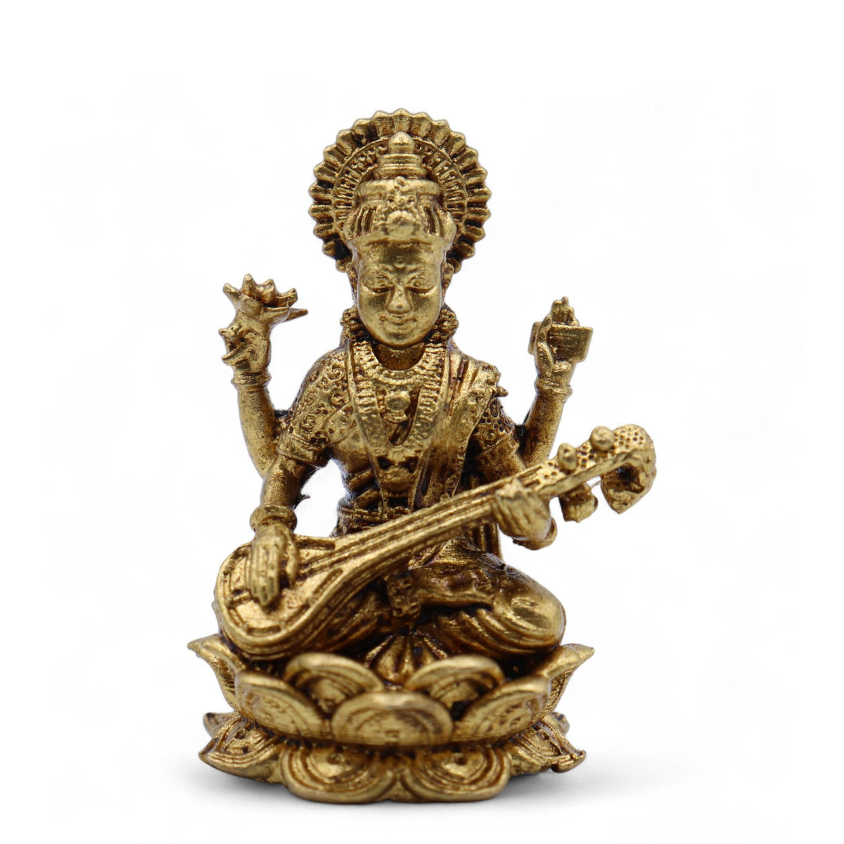 Brass Saraswati goddess figurine with veena on lotus base 34mm Hindu deity ornament UK