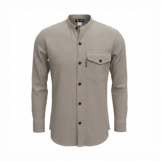 Medium Nomad Sari Grandad Shirt in grey stone cotton with long sleeves, a collarless neckline and relaxed Nepalese artisan styling