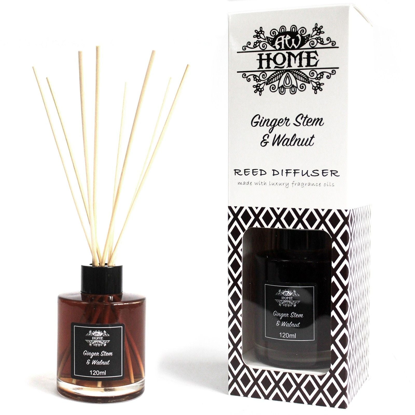 Ginger Stem and Walnut reed diffuser 120ml with warm sweet woody spicy fragrance for cosy home scent