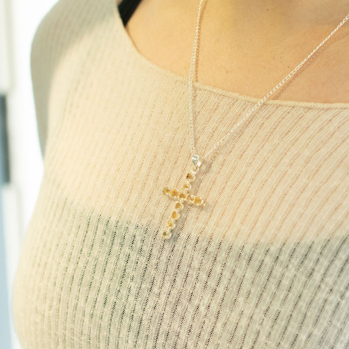 Silver plated Citrine crucifix pendant with polished golden-yellow gemstone and 45cm chain for Christian devotional jewellery UK