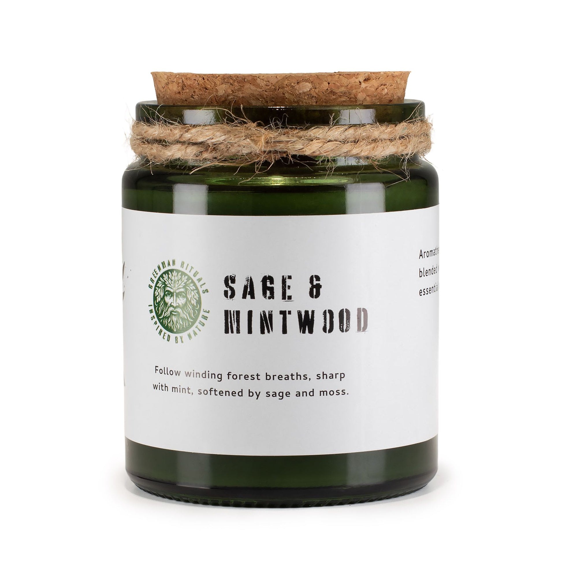 Greenman Woodwick Soy Candle – Sage & Mintwood herbal woody soy candle with wooden wick