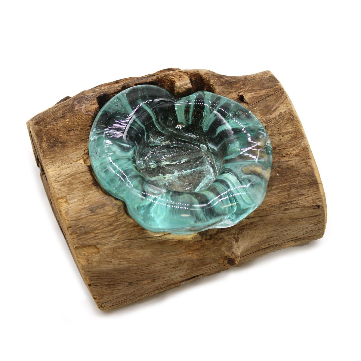 Molten glass single candle holder on natural gamal wood base for warm boho home décor UK