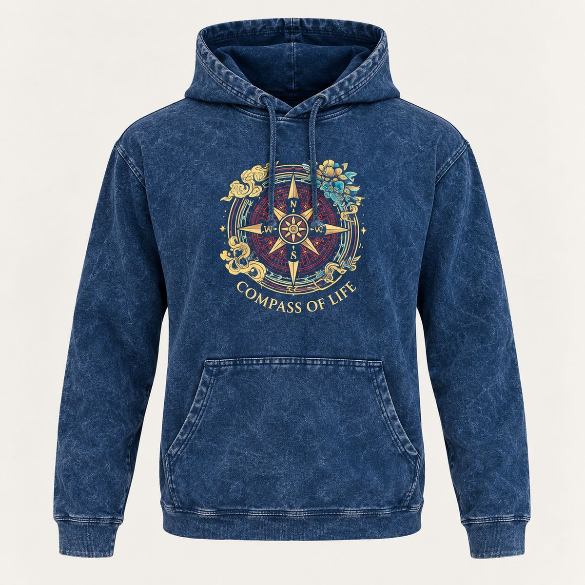 Small blue Compass of Life stone washed cotton hoodie shirt with chest print and kangaroo pocket for alternative casual wear UK