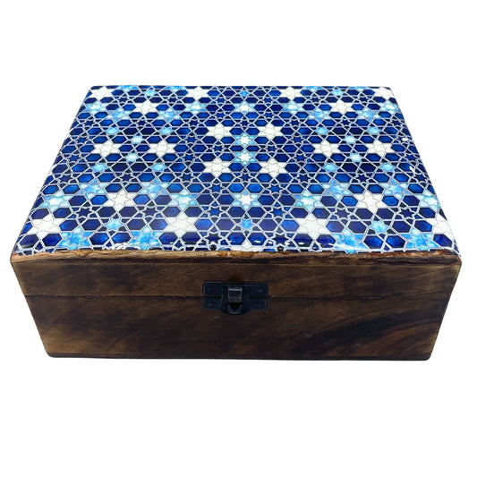 Large handcrafted mango wood storage box with a blue stars glazed ceramic lid.