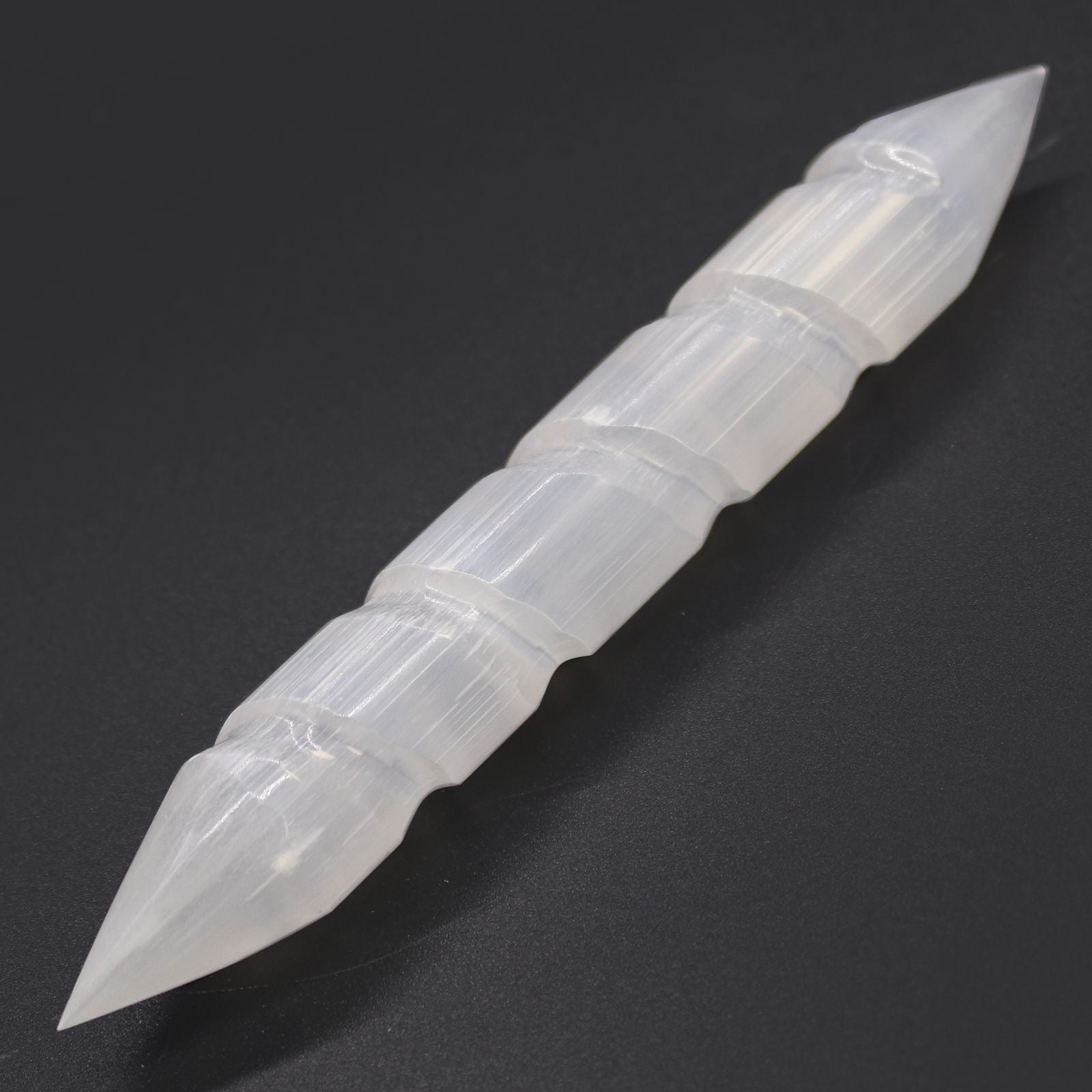 Selenite Spiral Wand Pointed Ends 16 cm  — white translucent crystal energy tool for cleansing and ritual use”
