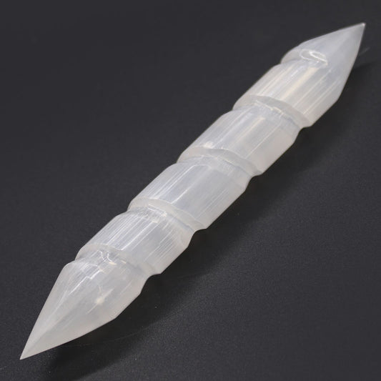 Selenite Spiral Wand Pointed Ends 16 cm  — white translucent crystal energy tool for cleansing and ritual use”