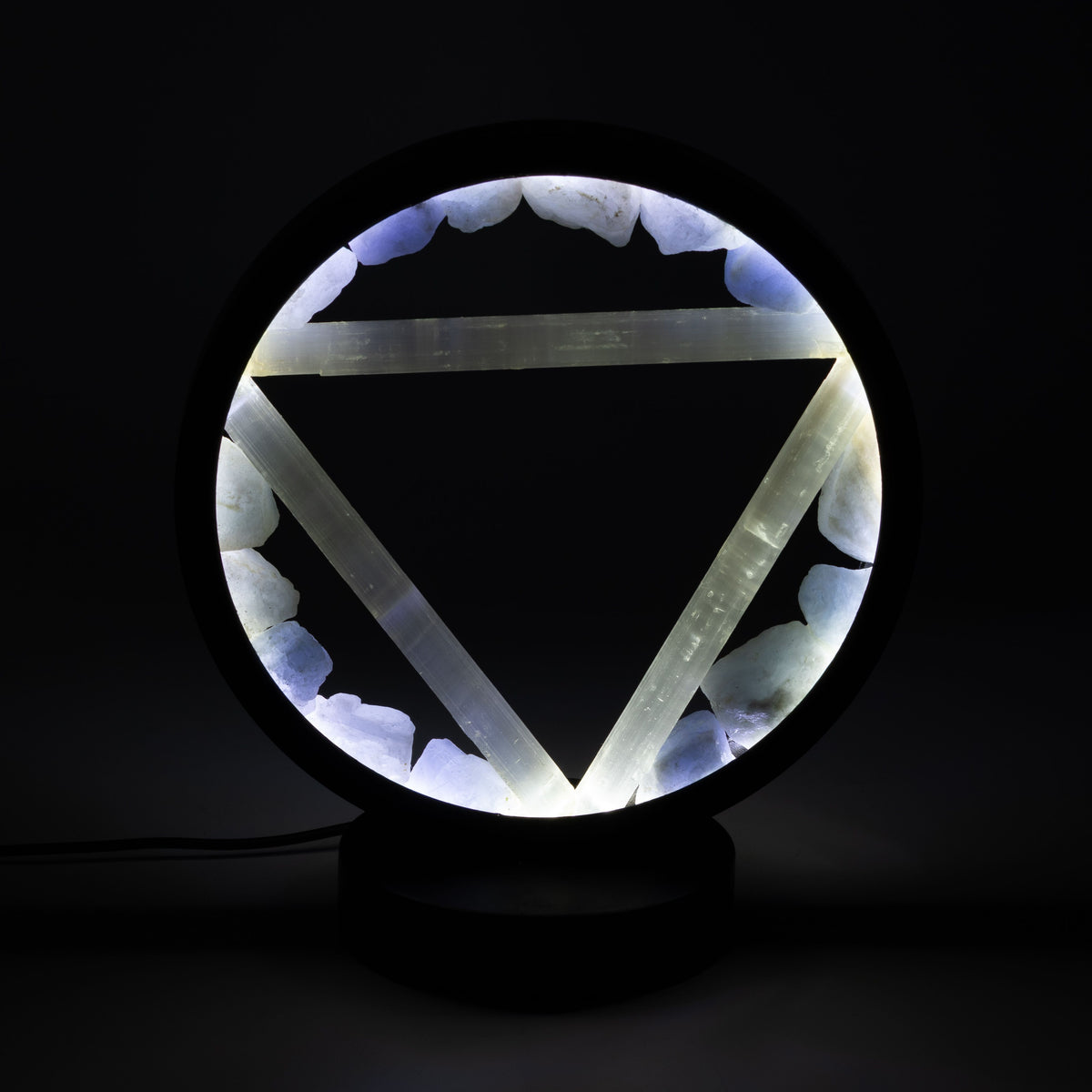 Water Gemstone Halo Lamp with aquamarine halo and selenite Water symbol illuminated on metal stand UK