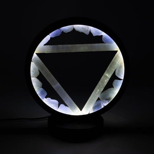 Water Gemstone Halo Lamp with aquamarine halo and selenite Water symbol illuminated on metal stand UK